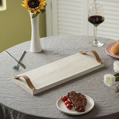 Decorative Natural Wooden Rectangular Tray Serving Board with Leather Handles