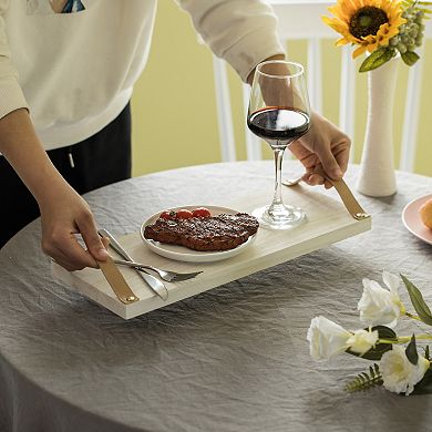 Decorative Natural Wooden Rectangular Tray Serving Board with Leather Handles