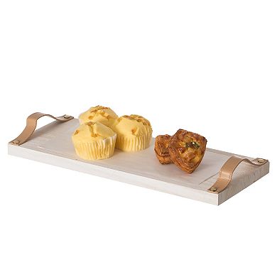Decorative Natural Wooden Rectangular Tray Serving Board with Leather Handles