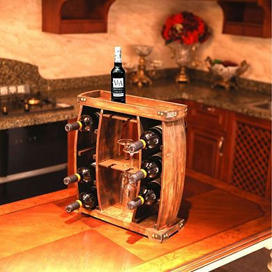 Decorative Wooden 8 Bottle Rustic Wine Rack with Glasses Holder
