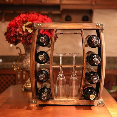 Decorative Wooden 8 Bottle Rustic Wine Rack with Glasses Holder
