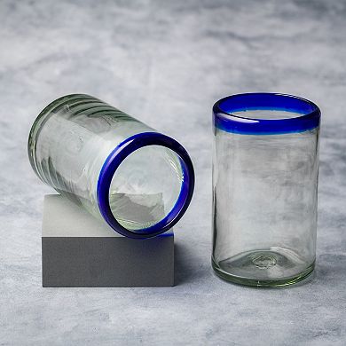 10 Strawberry Street 6-Piece Cobalt Rim Highball Handblown Mexican Glasses