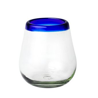10 Strawberry Street 6 pc Cobalt Rim Stemless Wine Handblown Mexican Glasses