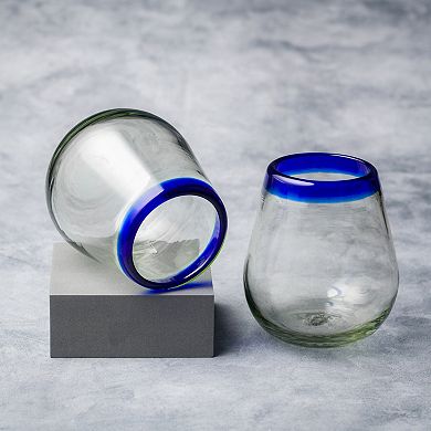 10 Strawberry Street 6-Piece Cobalt Rim Stemless Wine Handblown Mexican Glasses
