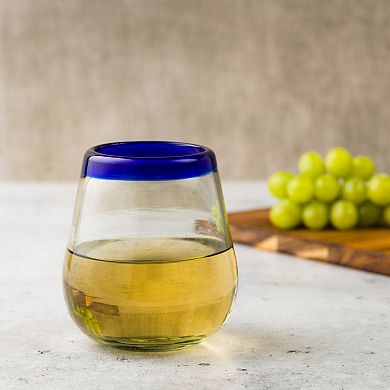10 Strawberry Street 6-Piece Cobalt Rim Stemless Wine Handblown Mexican Glasses