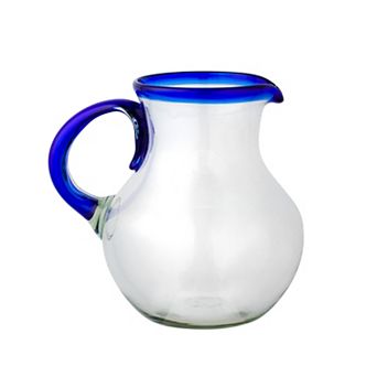 10 Strawberry Street Handblown Mexican Glass Cobalt Rim Pitcher