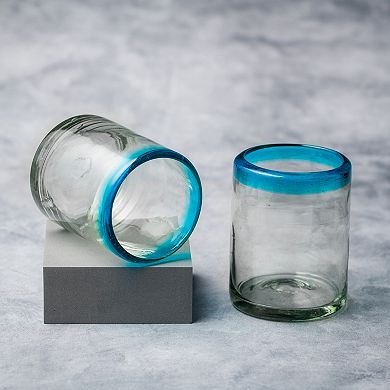 10 Strawberry Street 6-Piece Aqua Rim Double Old Fashioned Handblown Mexican Glasses