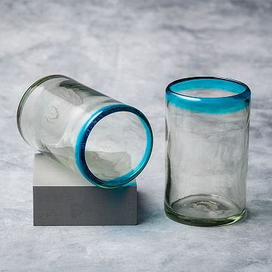 10 Strawberry Street 6-Piece Aqua Rim Highball Handblown Mexican Glasses