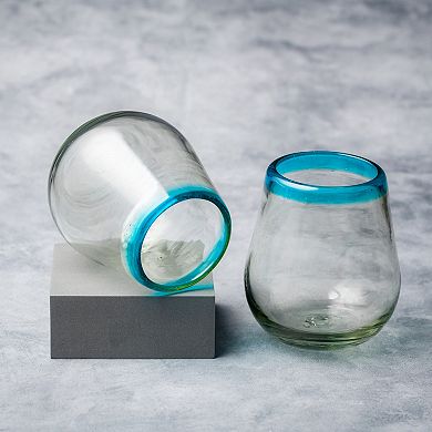 10 Strawberry Street 6-Piece Aqua Rim Handblown Mexican Stemless Wine Glasses