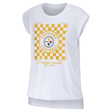Women's WEAR by Erin Andrews White Pittsburgh Steelers Checker Muscle Tank Top