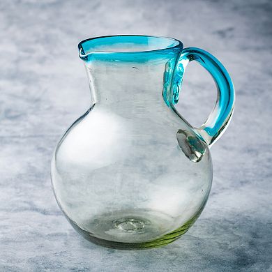 10 Strawberry Street Aqua Rim Pitcher Handblown Mexican Glass