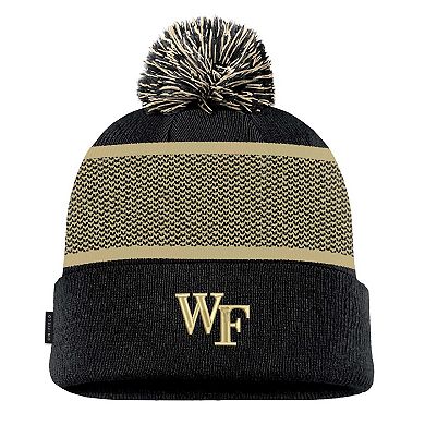 Youth Nike Black Wake Forest Demon Deacons 2024 Sideline Peak Cuffed Knit Hat with Pom