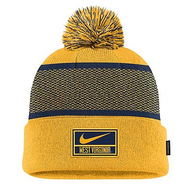 Youth Nike Gold West Virginia Mountaineers 2024 Sideline Peak Cuffed Knit Hat with Pom