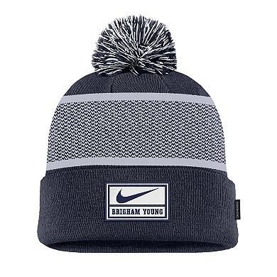 Youth Nike Navy BYU Cougars 2024 Sideline Peak Cuffed Knit Hat with Pom