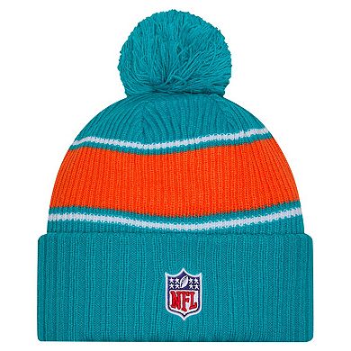 Men's New Era Aqua Miami Dolphins 2024 Sideline Cuffed Knit Hat with Pom