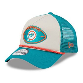 Men's New Era Stone/Aqua Miami Dolphins 2024 Sideline Historic 9FORTY A-Frame Trucker Adjustable Hat