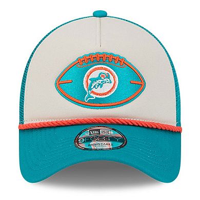 Men's New Era Stone/Aqua Miami Dolphins 2024 Sideline Historic 9FORTY A-Frame Trucker Adjustable Hat