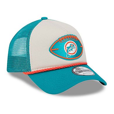 Men's New Era Stone/Aqua Miami Dolphins 2024 Sideline Historic 9FORTY A-Frame Trucker Adjustable Hat