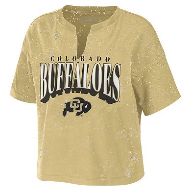 Women's WEAR by Erin Andrews Tan Colorado Buffaloes Bleach Wash Splatter Cropped Notch Neck T-Shirt