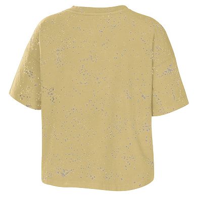 Women's WEAR by Erin Andrews Tan Colorado Buffaloes Bleach Wash Splatter Cropped Notch Neck T-Shirt