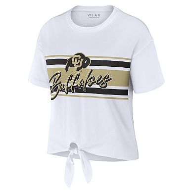 Women's WEAR by Erin Andrews White Colorado Buffaloes Striped Front Knot Cropped T-Shirt