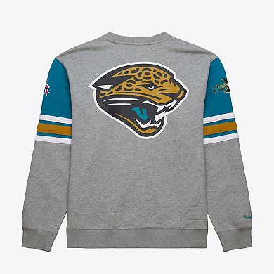 Men's Mitchell & Ness Heather Gray Jacksonville Jaguars All Over 4.0 Vintage Logo Pullover Sweatshirt