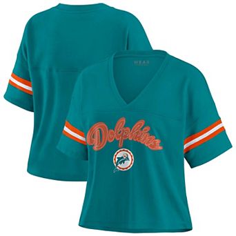 Women's WEAR by Erin Andrews Aqua Miami Dolphins Plus Size Color Block Boxy V-Neck T-Shirt