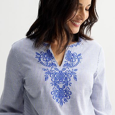 Women's Croft & Barrow® Three Quarter Sleeve Embroidered Blouse