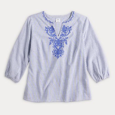 Women's Croft & Barrow® Three Quarter Sleeve Embroidered Blouse
