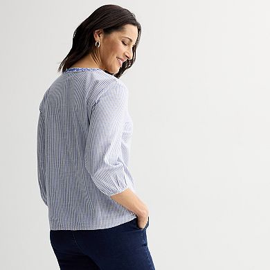 Women's Croft & Barrow® Three Quarter Sleeve Embroidered Blouse