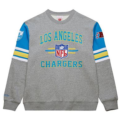 Men's Mitchell & Ness Heather Gray Los Angeles Chargers All Over 4.0 Vintage Logo Pullover Sweatshirt