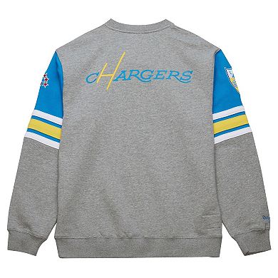 Men's Mitchell & Ness Heather Gray Los Angeles Chargers All Over 4.0 Vintage Logo Pullover Sweatshirt