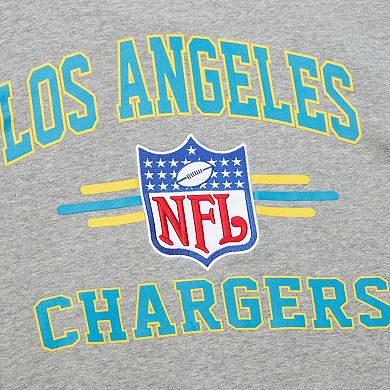 Men's Mitchell & Ness Heather Gray Los Angeles Chargers All Over 4.0 Vintage Logo Pullover Sweatshirt