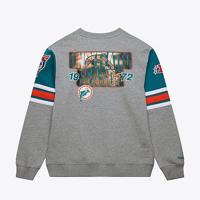 Men's Mitchell & Ness Heather Gray Miami Dolphins All Over 4.0 Vintage Logo Pullover Sweatshirt
