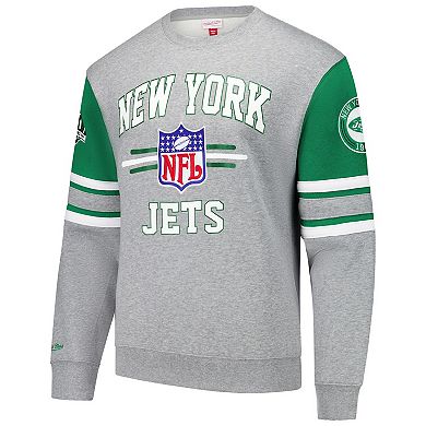 Men's Mitchell & Ness Heather Gray New York Jets All Over 4.0 Vintage Logo Pullover Sweatshirt