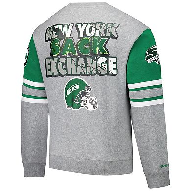 Men's Mitchell & Ness Heather Gray New York Jets All Over 4.0 Vintage Logo Pullover Sweatshirt