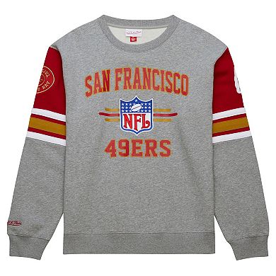 Men's Mitchell & Ness Heather Gray San Francisco 49ers All Over 4.0 Vintage Logo Pullover Sweatshirt
