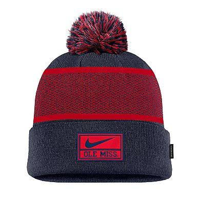 Youth Nike Navy Ole Miss Rebels 2024 Sideline Peak Cuffed Knit Hat with Pom