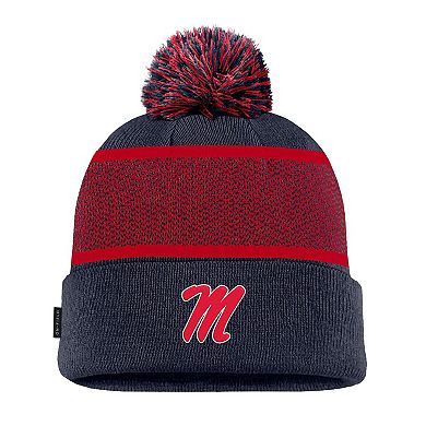 Youth Nike Navy Ole Miss Rebels 2024 Sideline Peak Cuffed Knit Hat with Pom