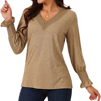Women's V Neck Long Sleeve Smocked Cuff Simple Casual Tops Fall Winter Fashion T Shirt