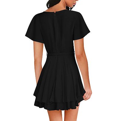 Womens Skater Dresses Deep V Neck Short Sleeve Tie Waist Ruffle Boho Flowy Swing Midi Dress