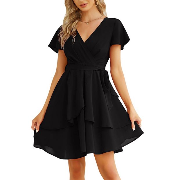 Womens Skater Dresses Deep V Neck Short Sleeve Tie Waist Ruffle Boho Flowy Swing Midi Dress