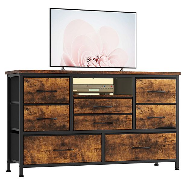 Tv Stand For Bedroom, 8 Fabric Drawer Dresser For Bedrrom With Power Outlet  & Led For