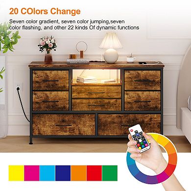 Tv Stand For Bedroom, 8 Fabric Drawer Dresser For Bedrrom With Power Outlet & Led For 55'' Tv