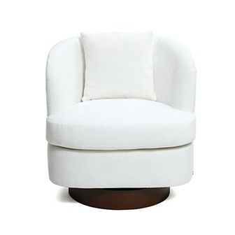 LuxenHome Upholstered White Club Swivel Chair With Dark Brown Base