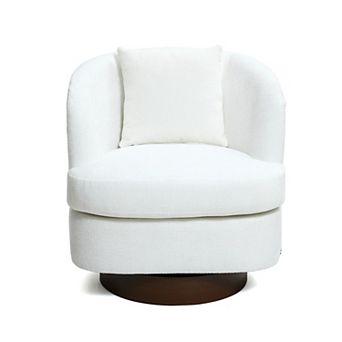 LuxenHome Upholstered White Club Swivel Chair With Dark Brown Base