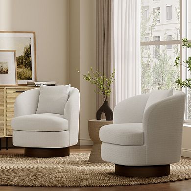 LuxenHome Upholstered White Club Swivel Chair With Dark Brown Base