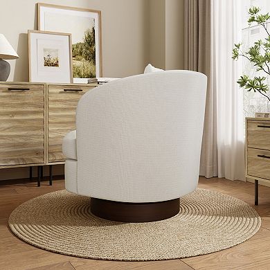 LuxenHome Upholstered White Club Swivel Chair With Dark Brown Base