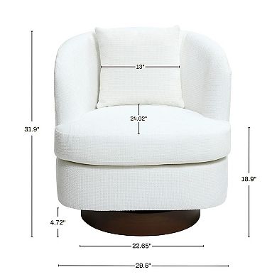 LuxenHome Upholstered White Club Swivel Chair With Dark Brown Base