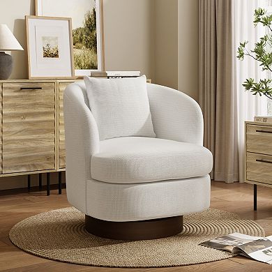 LuxenHome Upholstered White Club Swivel Chair With Dark Brown Base